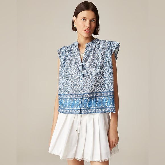 J. Crew Tops - J.Crew Flutter Sleeve Button Up Blouse Blue Bandana Print NWT Size Small